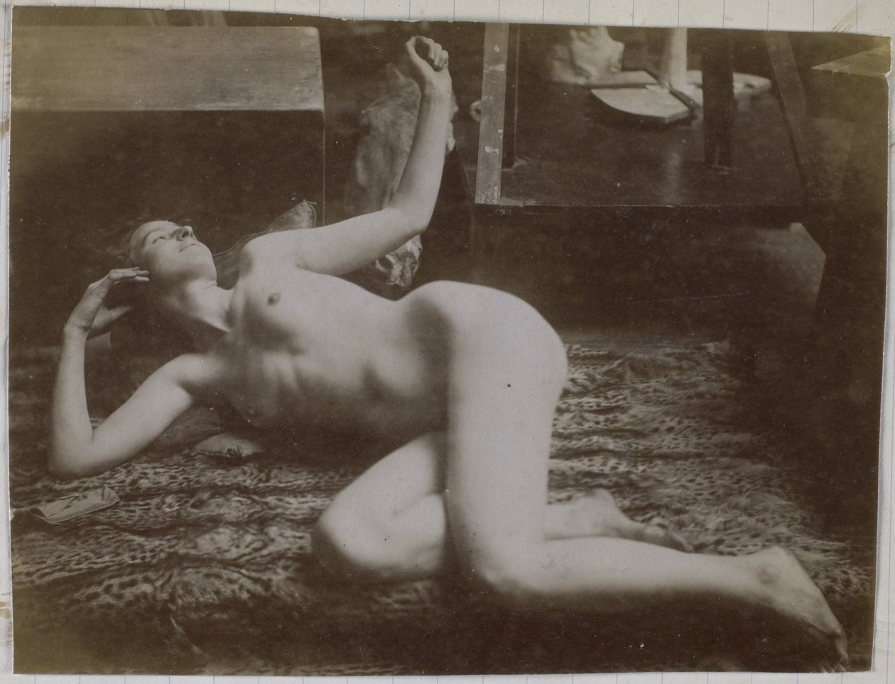 Estudio de una modelo de desnudo femenino, acostada sobre una piel de tigre, en el estudio de Jacques de Lalaing de Jacques Lalaing (attributed to)