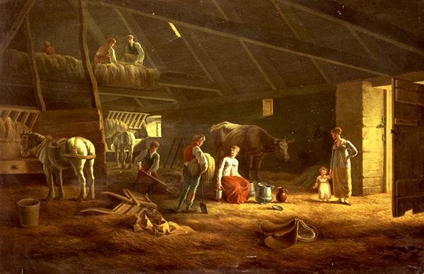 Una lechera, jornaleros y caballos de arado en un granero de Jacques Laurent (circle of) Agasse
