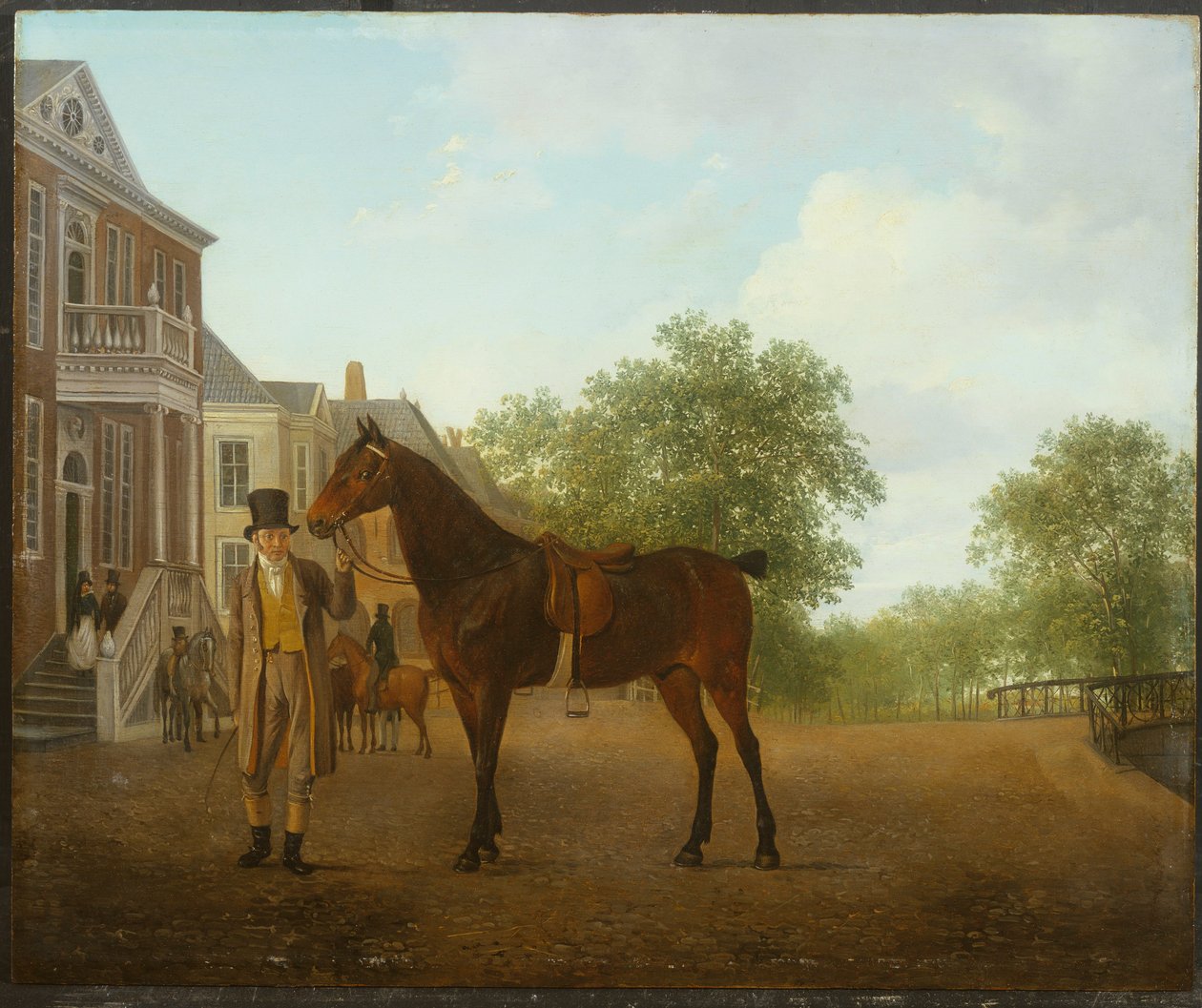 Un caballero sosteniendo un caballo ensillado en una calle junto a un canal de Jacques Laurent Agasse
