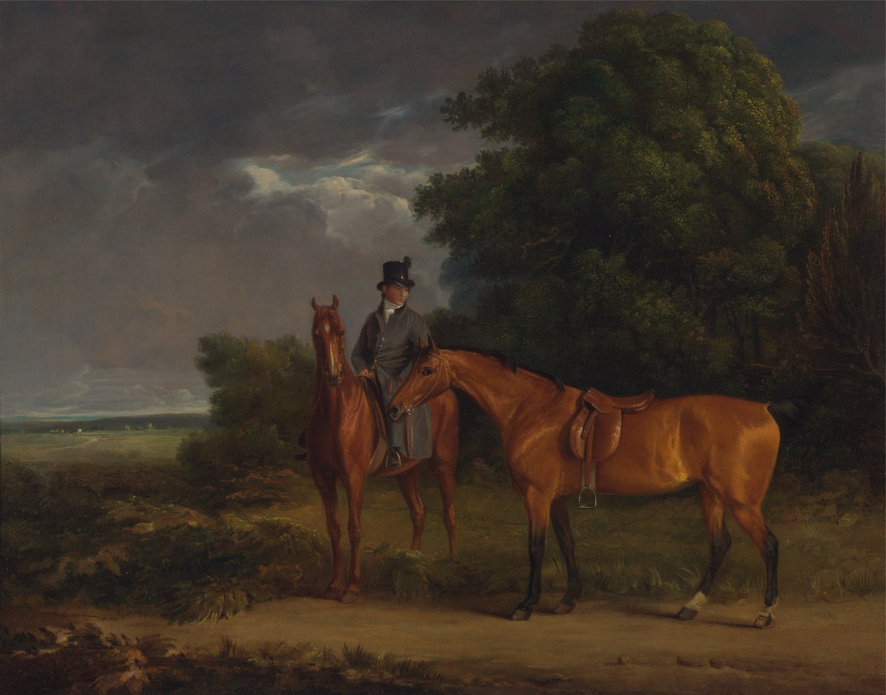 Un novio montado en un cazador castaño, sujeta por las riendas a un cazador bayo de Jacques Laurent Agasse
