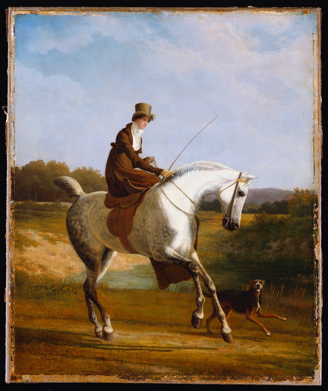 Miss Cazenove en un cazador gris, un perro corriendo al lado de Jacques Laurent Agasse