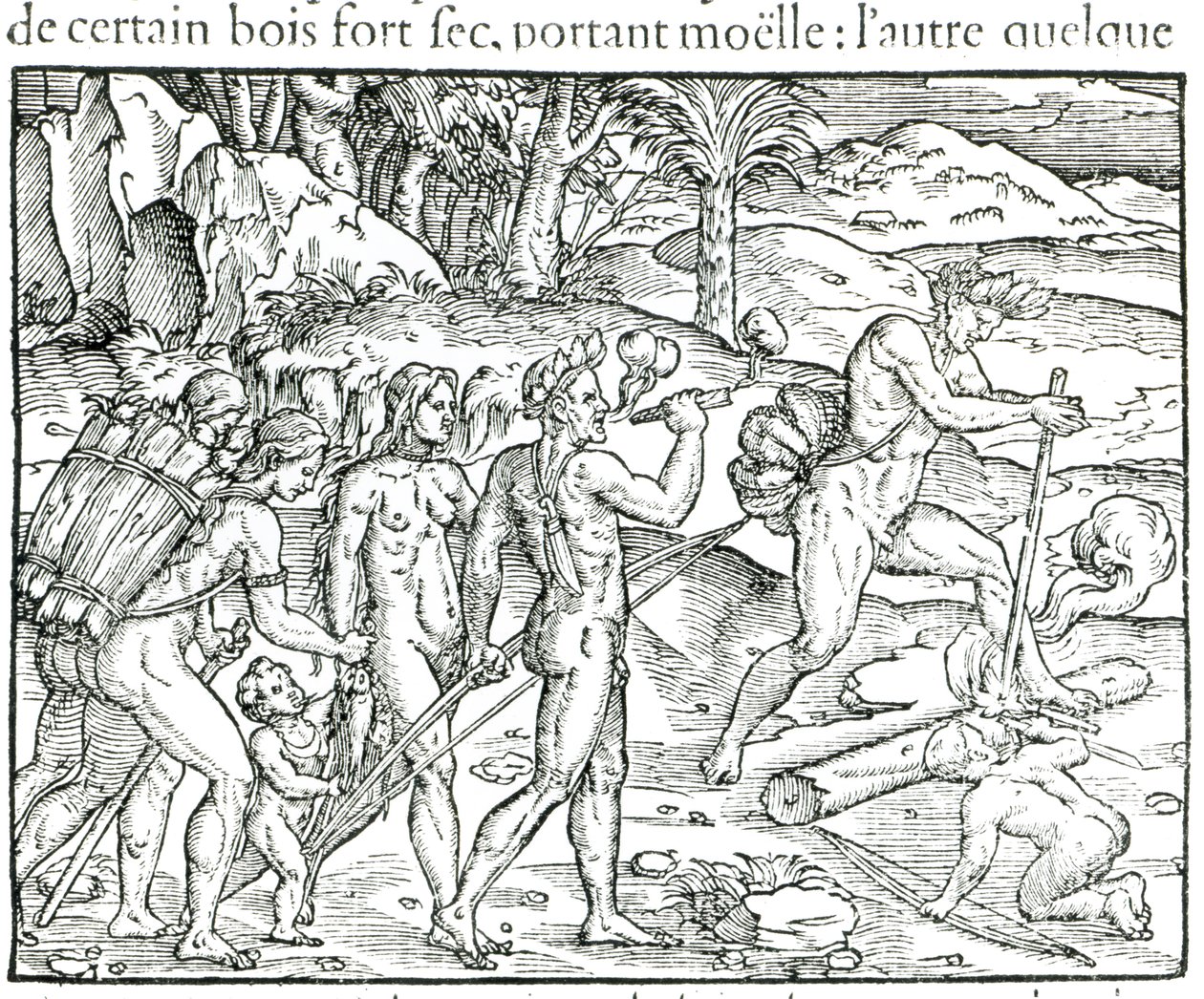 Nativos Indios Haciendo Fuego Después de Cazar, grabado por Theodor de Bry (1525-75) de Jacques Le Moyne