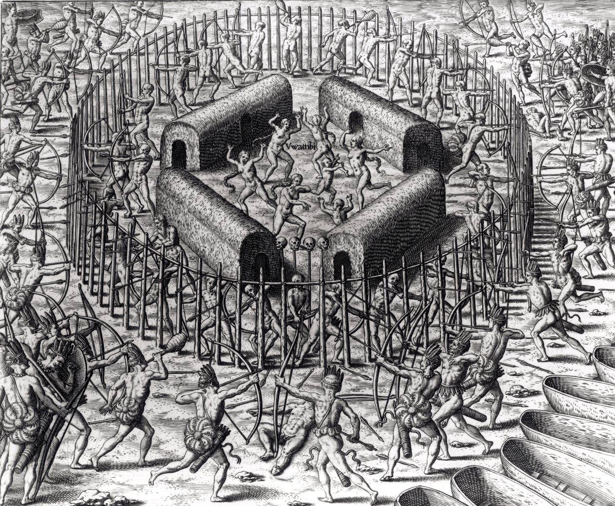 Johannes Staden ayuda a defender a los indios que lo capturaron contra los Tuppin Tkins, grabado por Theodore de Bry (1528-98), de 