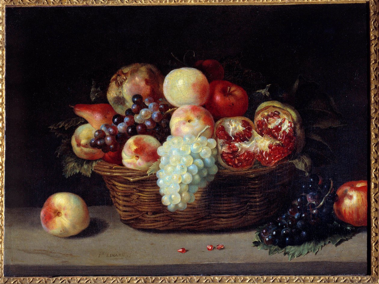 Cesta de granadas, duraznos y uvas de Jacques Linard