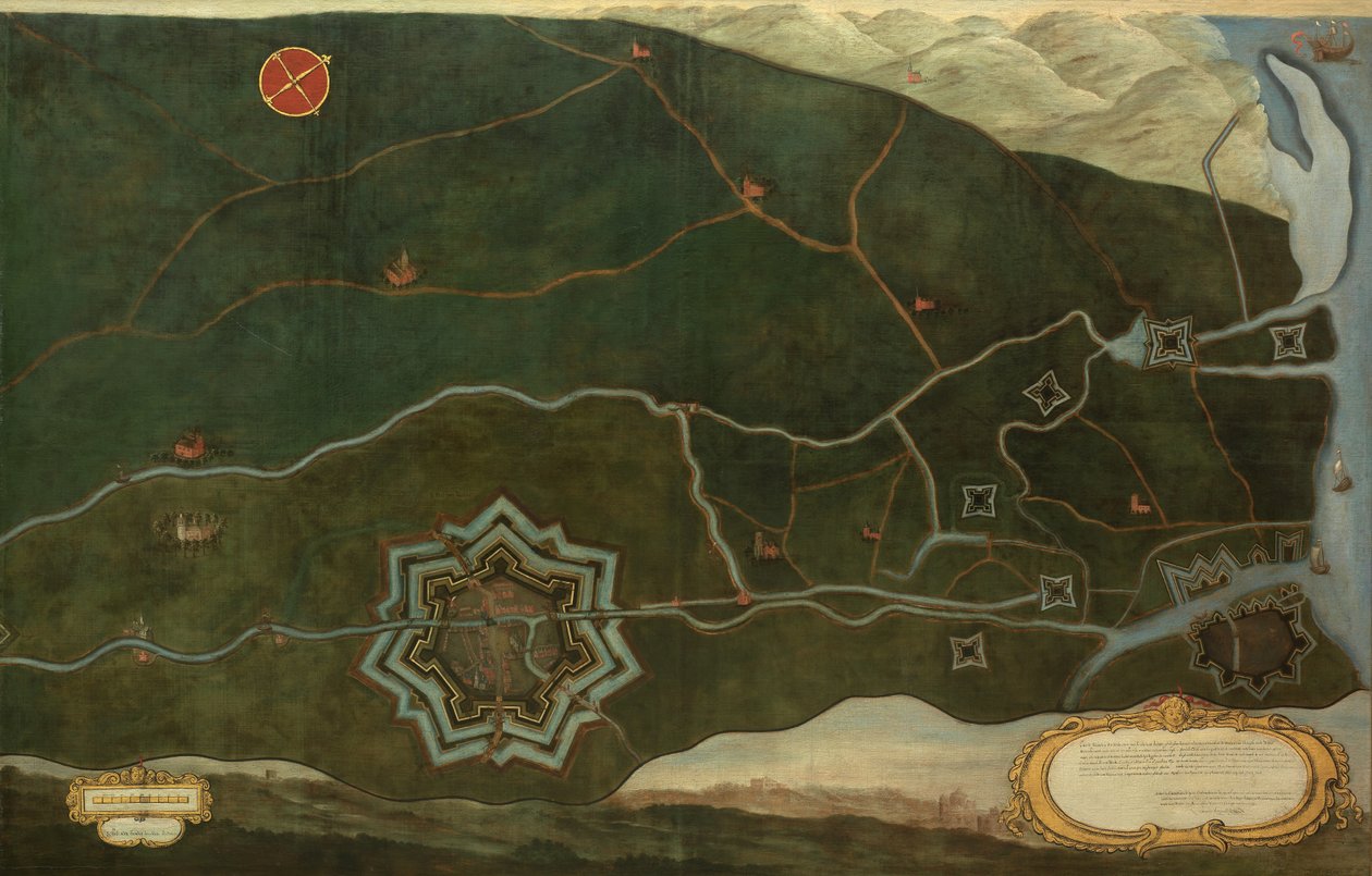 Mapa de Damme y las fortalezas fronterizas españolas cerca de Sluis (óleo sobre lienzo) de Jacques Lobberecht
