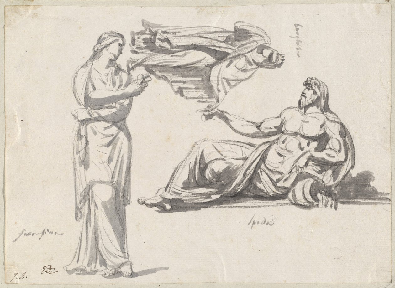Un dios del río y dos esculturas clásicas de Jacques Louis David