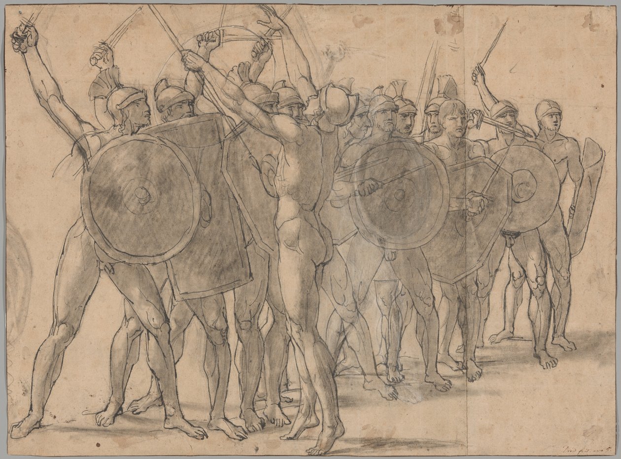 Soldados desnudos gesticulando con sus armas (recto); Dos estudios de drapeado para la figura de Tatius (verso) de Jacques Louis David