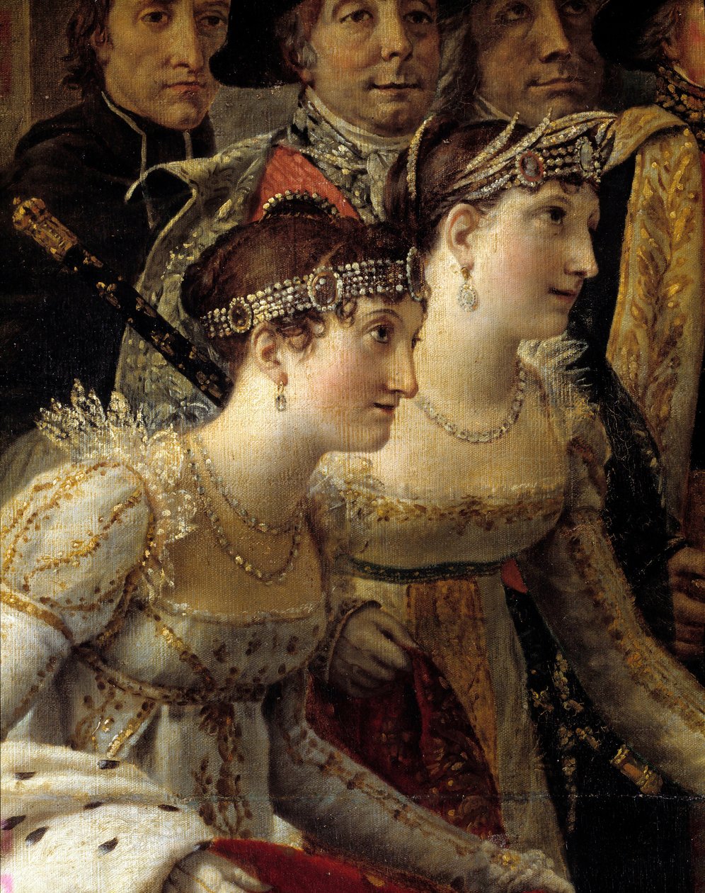 El rito de Napoleón. (detalle) representando a Madame de la Rochefoucault y Madame Lavalette durante la consagración del Emperador Napoleón I Bonaparte y la coronación de la Emperatriz Josefina en Notre-Dame de París el 2 de diciembre de Jacques Louis David