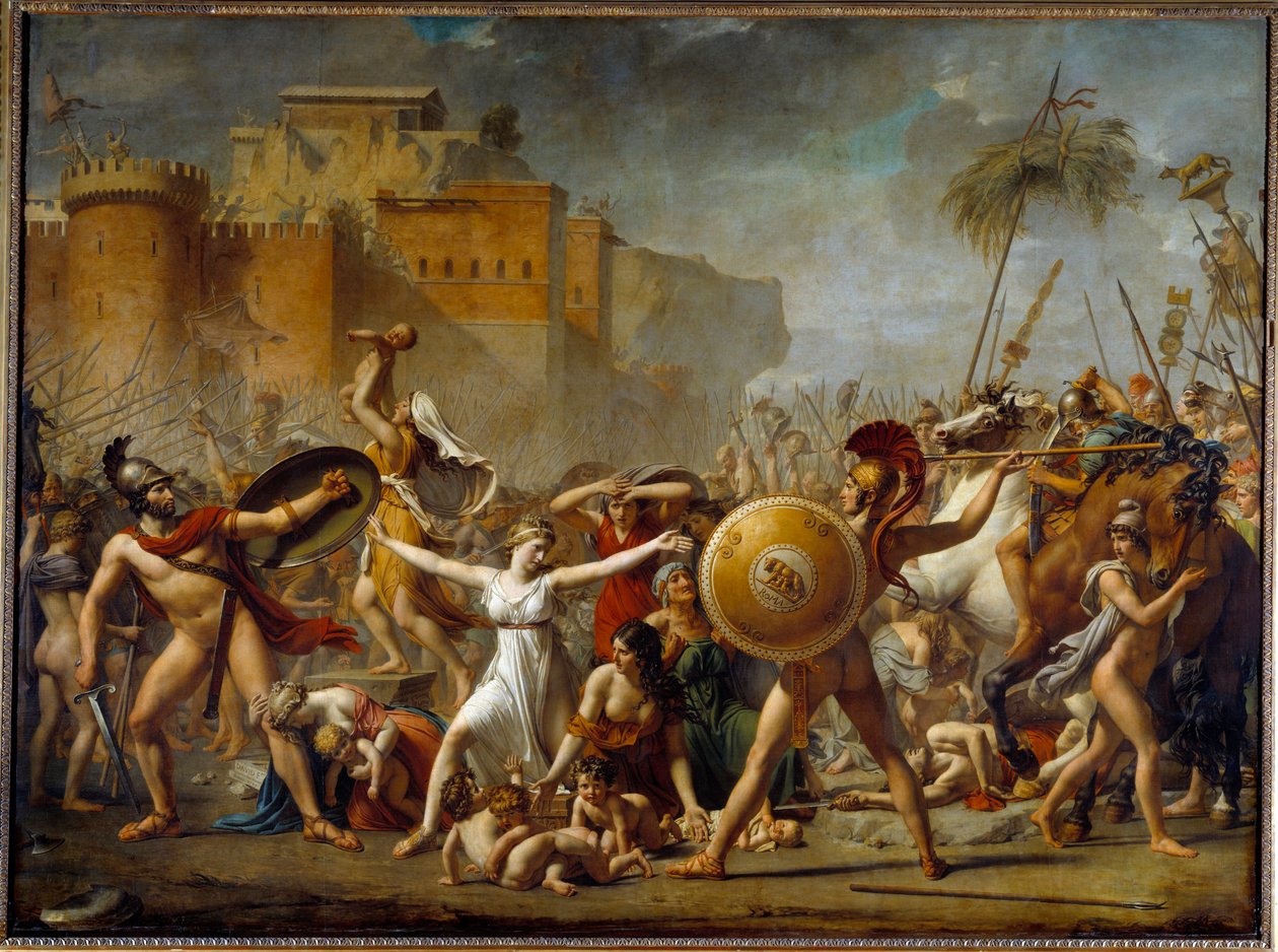 Las Sabinas interponiéndose entre sus maridos romanos (derecha) y sus hermanos sabinos (izquierda) mostrándoles a sus hijos de Jacques Louis David