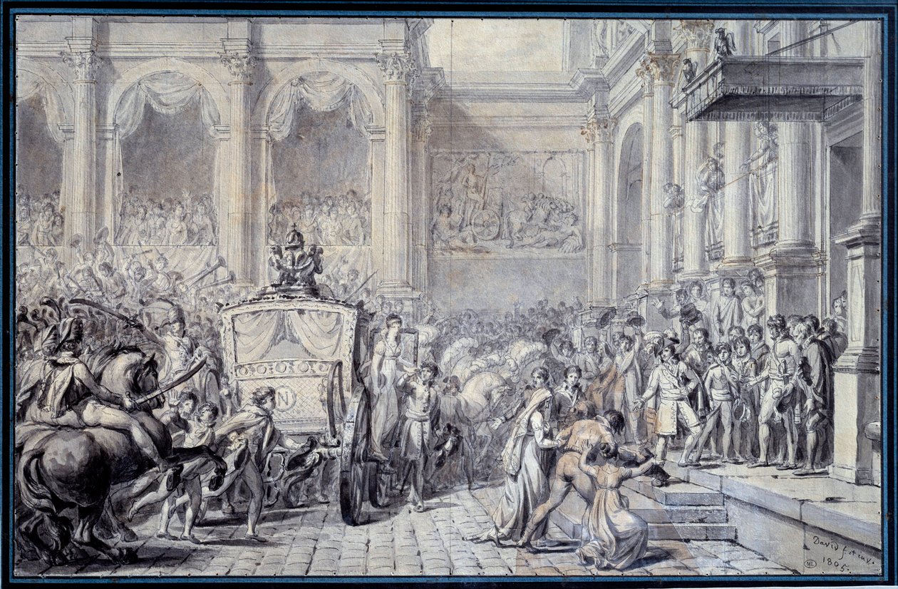 La llegada del carruaje del emperador Napoleón I (1769-1821) al Hotel de Ville de París el 16/12/1804 con motivo de su gobierno. Dibujo por Jacques Louis David (1748-1825) 1804. París, Museo del Louvre de Jacques Louis David