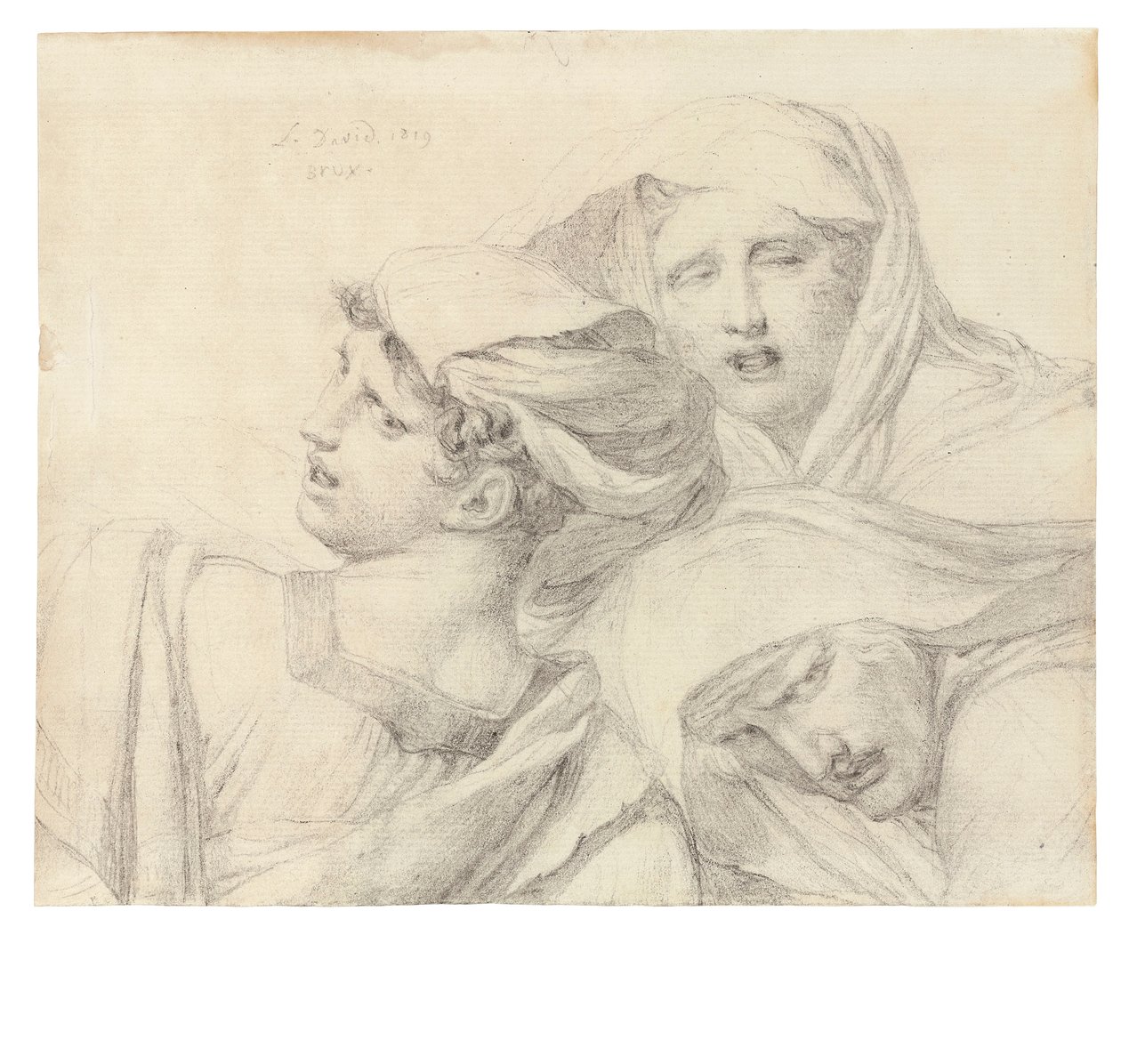 Tres mujeres con vestimenta clásica, busto, con expresiones angustiadas, 1819 de Jacques Louis David