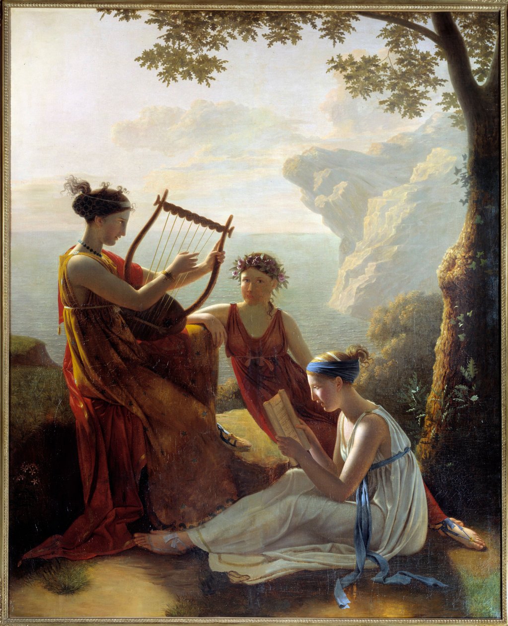 La poetisa griega Safo (Sappho) tocando la lira y dos de sus compañeras Pintura de Jacques Louis Grandin (1780-?) 1808 París, Museo Marmottan de Jacques Louis Michel Grandin