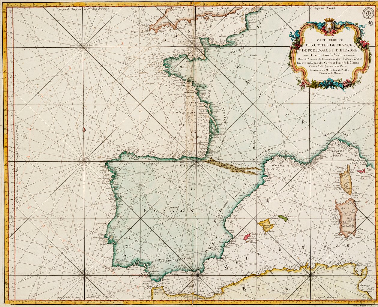 Mapa de Europa occidental con el meridiano de París como primer meridiano. de Jacques Nicolas Bellin