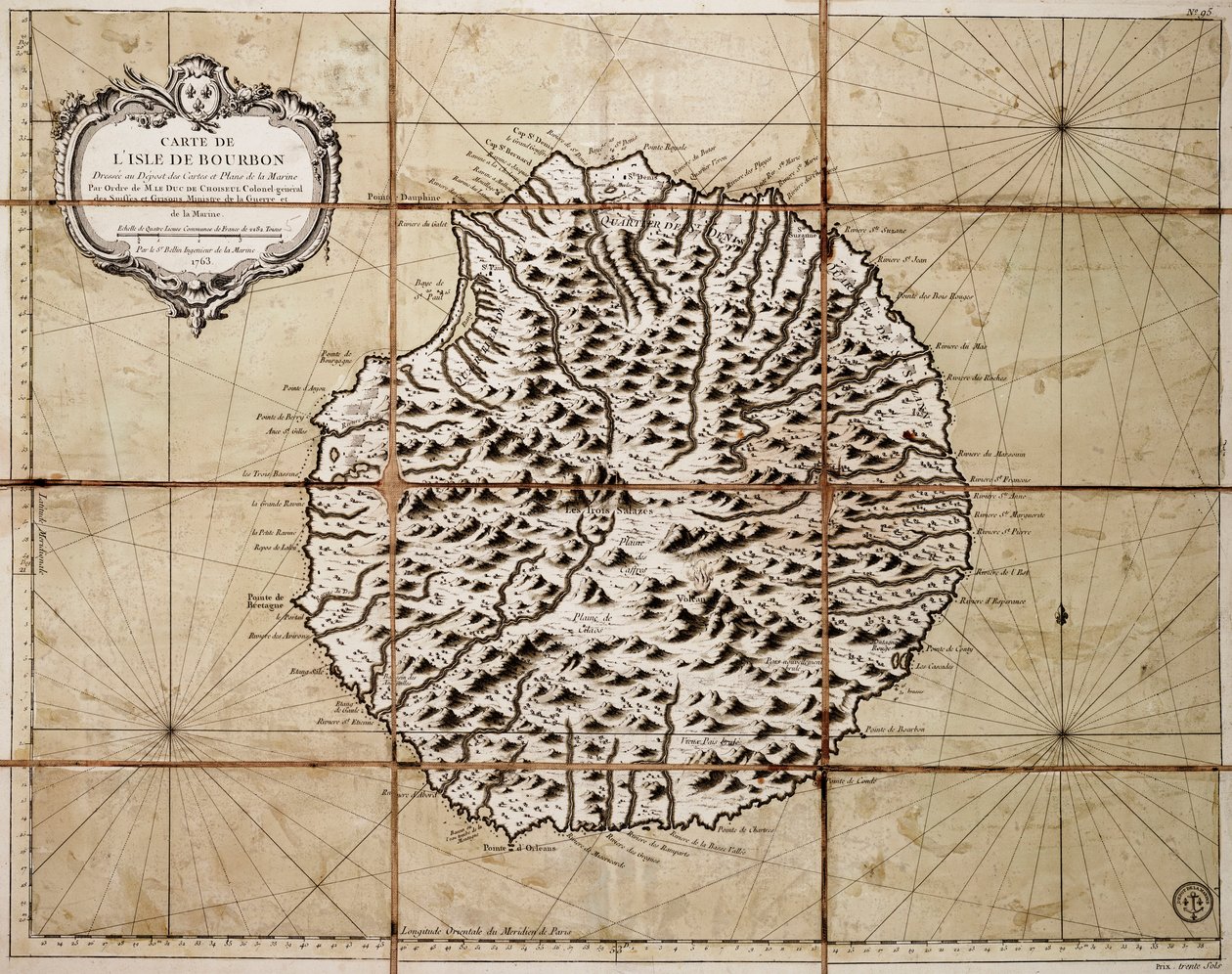 Mapa de la isla de Borbón elaborado en el depositario de mapas y cartas marinas de Jacques Nicolas Bellin