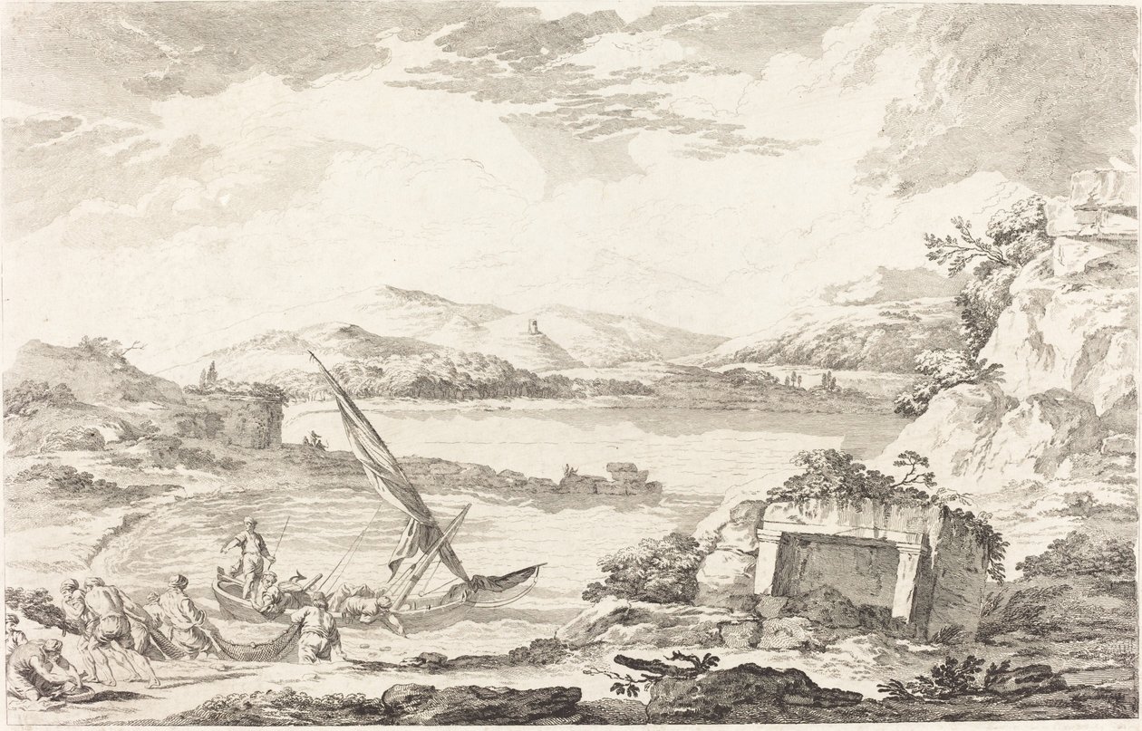 Vista del Antiguo Puerto de Falerón, Atenas de Jacques Philippe LeBas after Julien David Le Roy