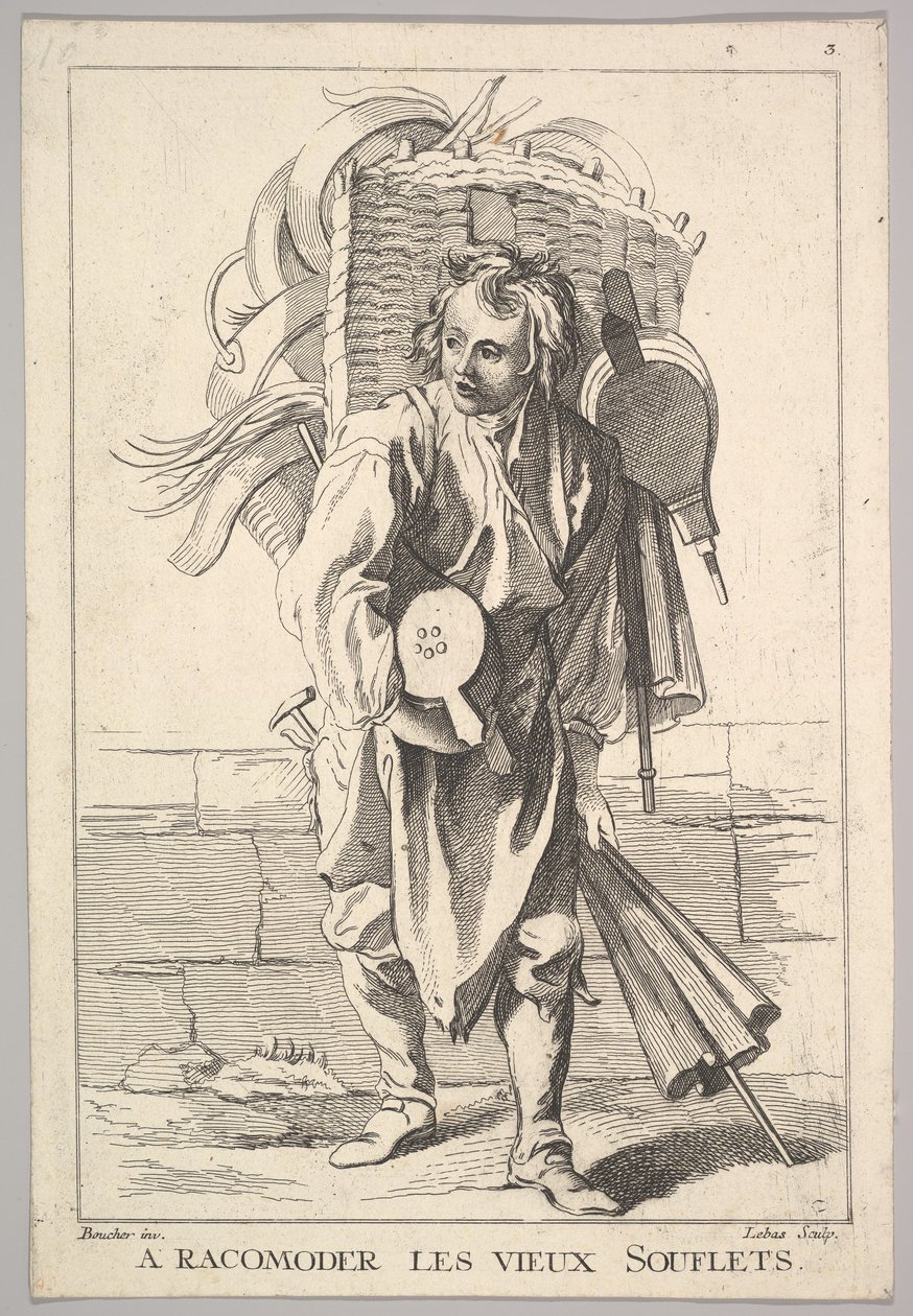 Copia inversa de A Racomoder les Vieux Souflets Mend the Old Bellows, del Le Cri..., siglo XVIII de Jacques Philippe Le Bas