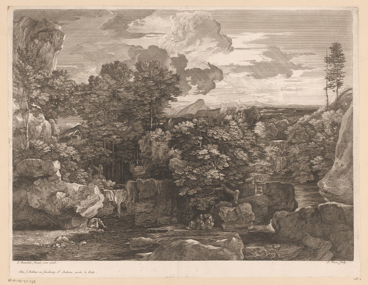 Paisaje fluvial con cascadas y algunos monjes. de Jacques Prou