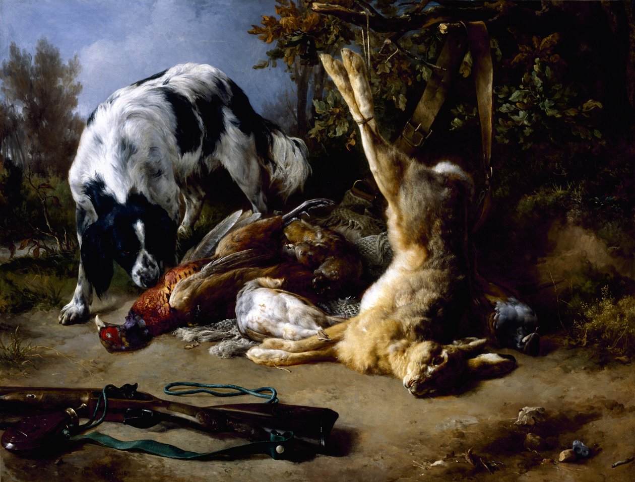 Spaniel con una naturaleza muerta de caza, 1837 de Jacques Raymond Brascassat