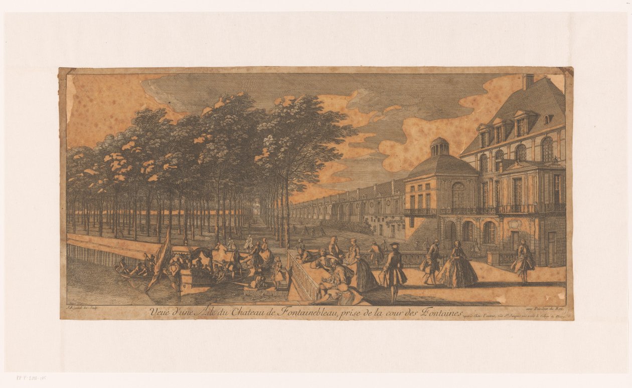 Vista de la calle de la Corte de la Fontaine de la ciudad de Fontainebleau
Vista de un ala del castillo de Fontainebleau, tomada desde la Cour des Fontaines (título en el objeto) de Jacques Rigaud