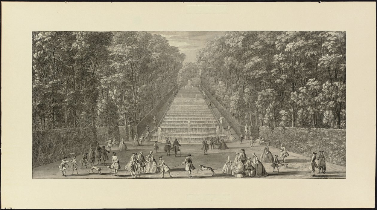 Vue de la Grande Cascade dans les jardins de Marly (tiza negra, pluma y tinta negra, aguada gris) de Jacques Rigaud