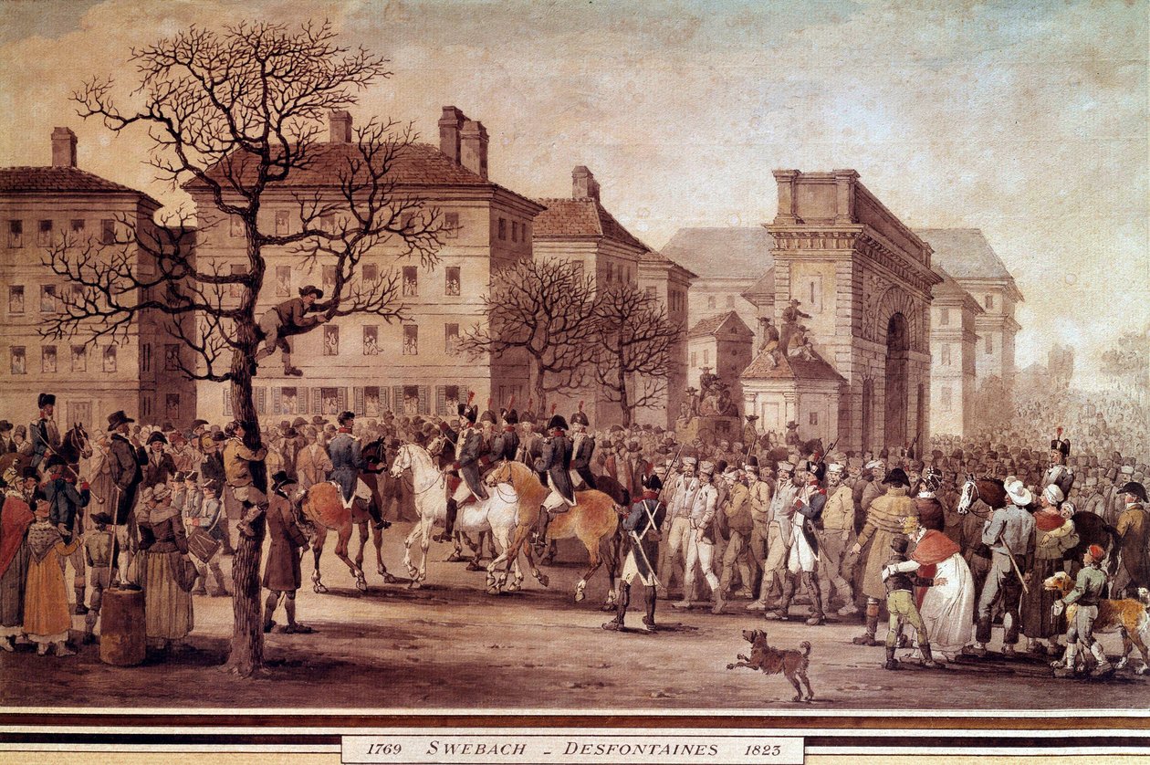 Campaña de Francia en 1814: "Entrada en París de los prisioneros de los ejércitos aliados (incluidos Rusia y Prusia), escoltados por la Guardia Nacional al mando del Mariscal Moncey el 9/03/1814" Litografía de Jacques Swebach-Desfontaines (1769-1823) de Jacques Swebach Desfontaines