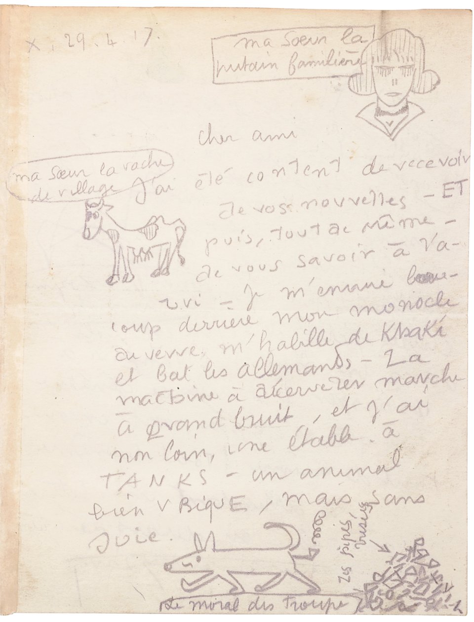 Carta autógrafa con dibujos de Jacques Vache