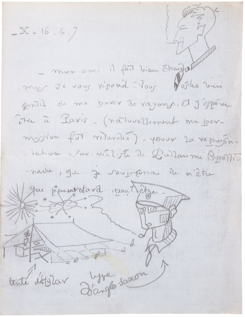 Carta autógrafa con dibujos de Jacques Vache