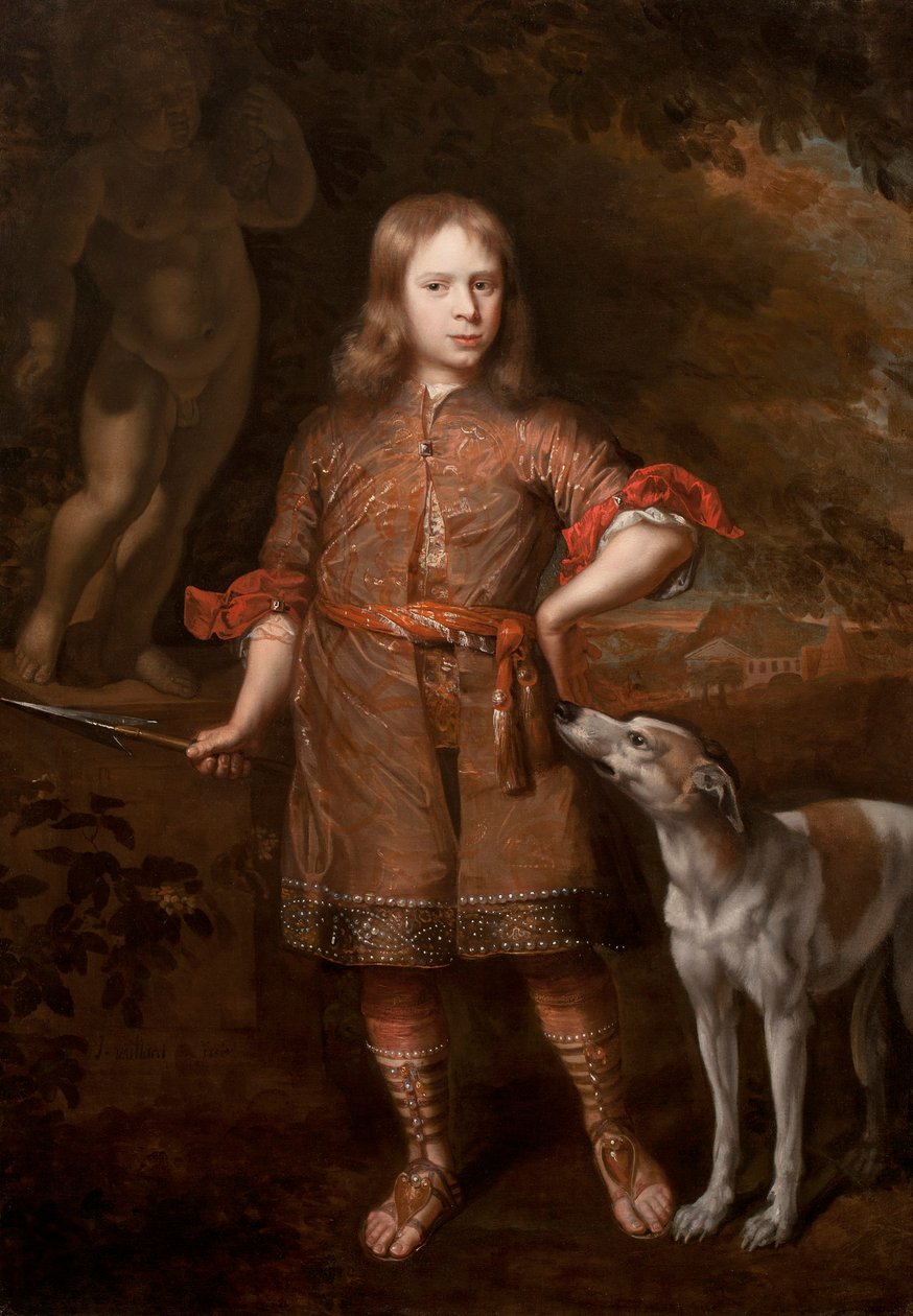 Retrato de un niño como cazador con una lanza de jabalí y un galgo, mediados de la década de 1670 de Jacques Vaillant