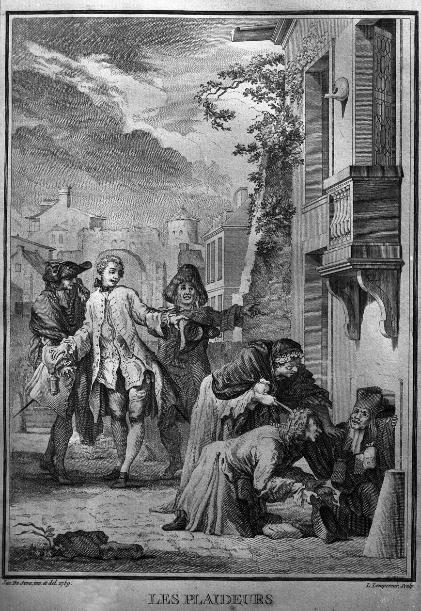 Les Plaideurs - Ilustración de Jacques de Seve para las obras de Jean Racine (1639-1699), poeta trágico francés. grabado de 1760 de Jacques de (after) Seve