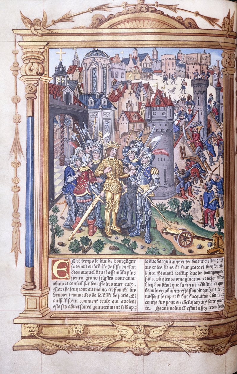 Manuscrito iluminado que representa a un rey y su ejército ante una ciudad, 1503-04 de Jacques de Besancon