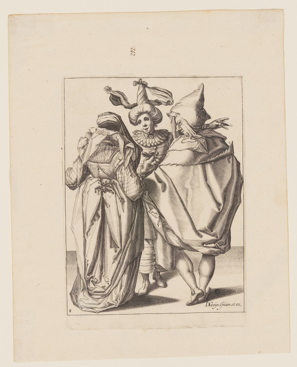 Una pareja se dirige a un joven que gesticula, de Las Mascaradas de Jacques de Gheyn II
