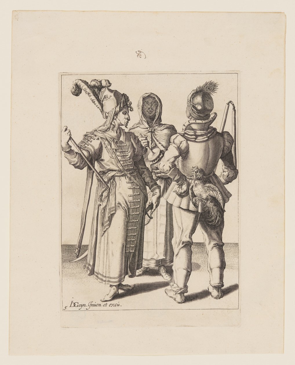 Un Grandee en traje oriental, un hombre con un gallo atado a su cinturón y una mujer con velo tocando el Rumbling-Pot, de Las Mascaradas. de Jacques de Gheyn II