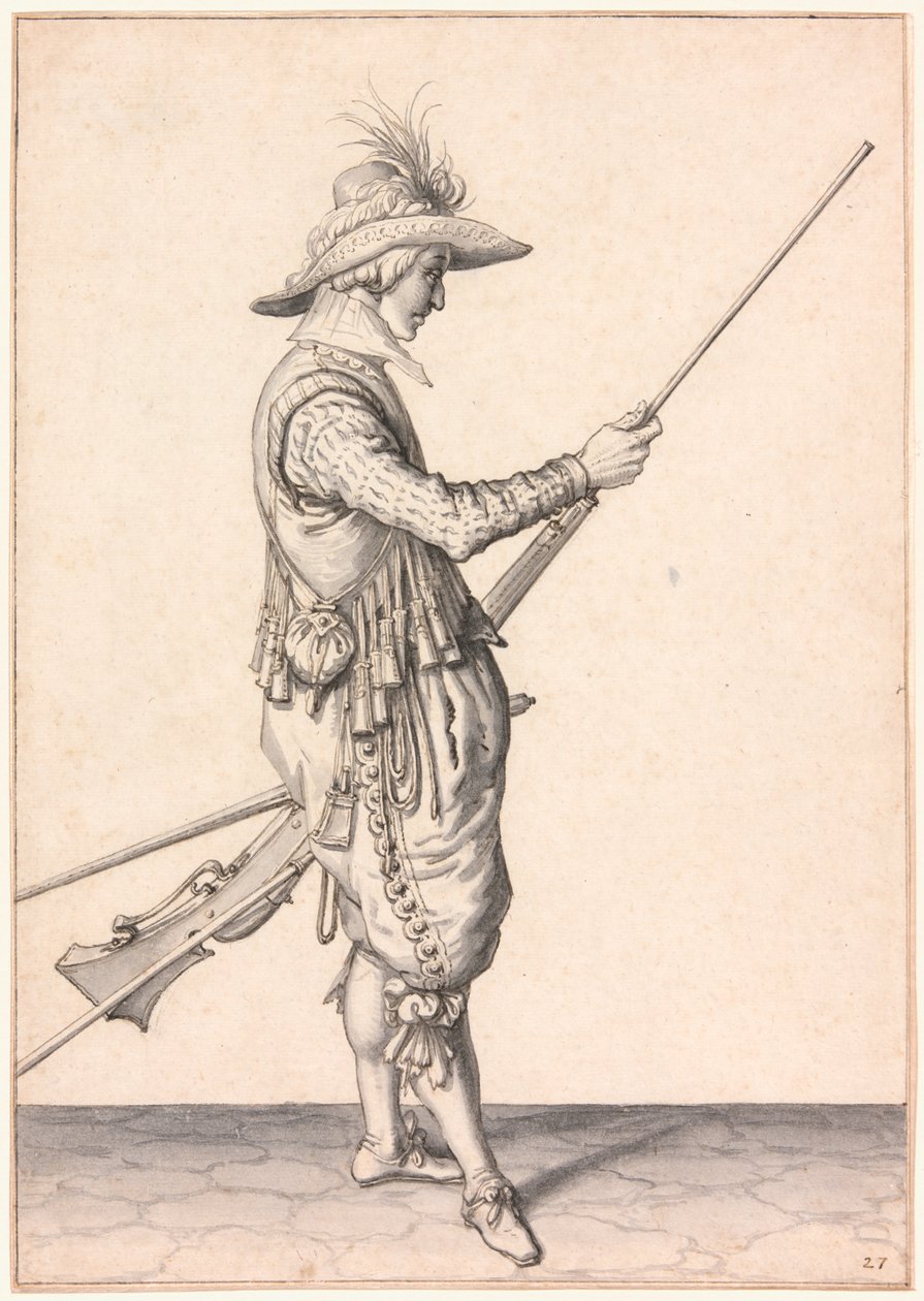 Un soldado cargando un mosquete, "Ramme in Your Pouder" de Jacques de Gheyn II