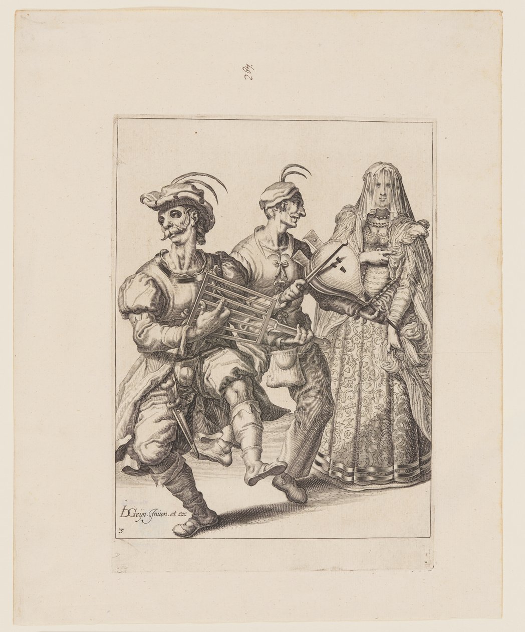 Una mujer velada con dos músicos tocando una plancha y un fuelle, de Las Mascaradas de Jacques de Gheyn II