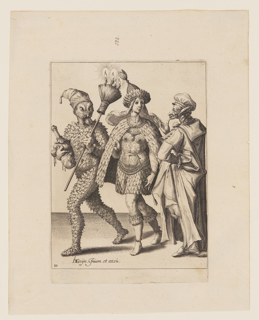 Un viejo mudo se dirige a una pareja vestida con hojas y plumas de ave, de Las mascaradas de Jacques de Gheyn II