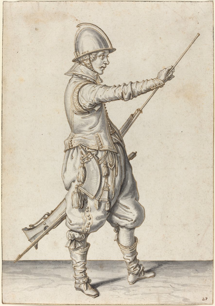 Soldado elegantemente vestido apisonando su caliver de Jacques de Gheyn II