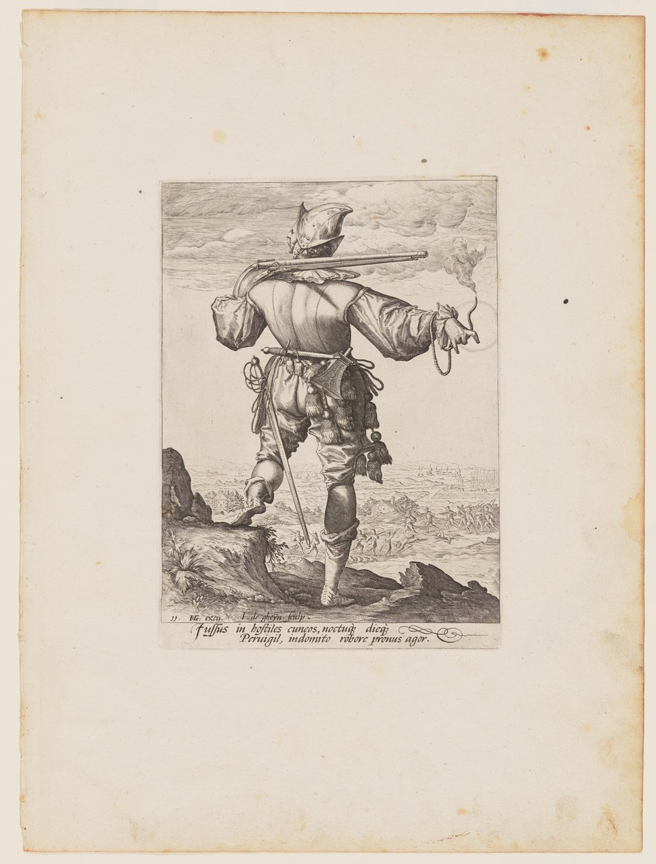 Mosquetero con casco, de Oficiales y soldados de la escolta del emperador Rodolfo II de Jacques de Gheyn II
