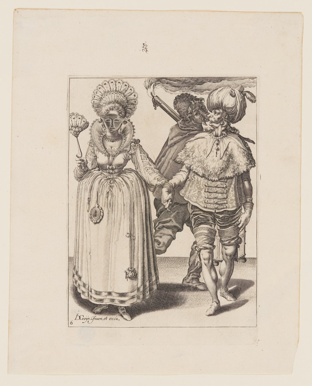 Hombre con turbante guiando a una mujer que lleva plumas de pavo real, detrás de ellos un portador de antorchas, de Las mascaradas. de Jacques de Gheyn II