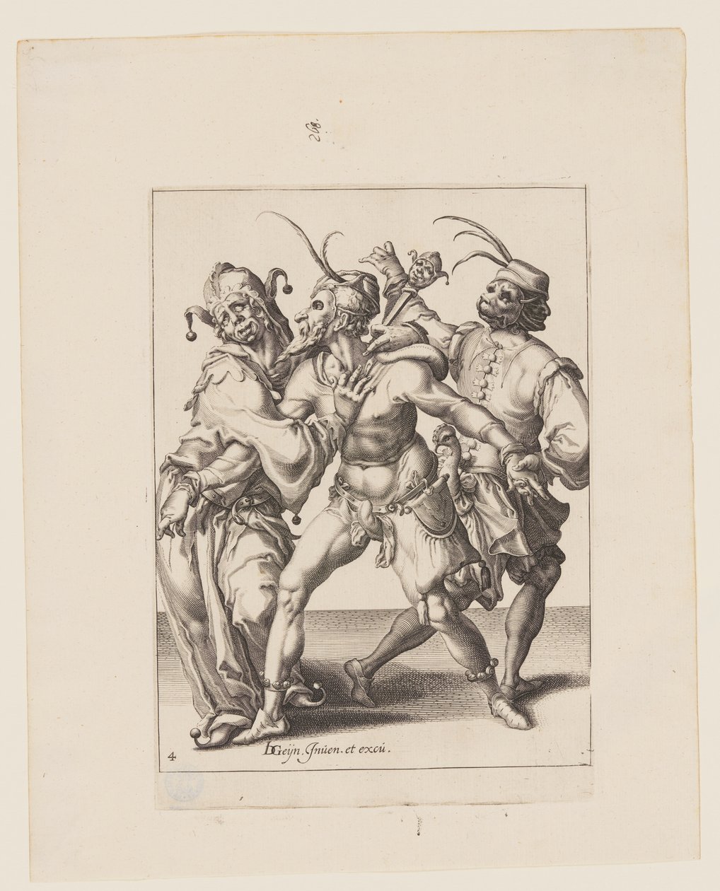 Tres bailarines, entre ellos un bufón, de Las mascaradas de Jacques de Gheyn II