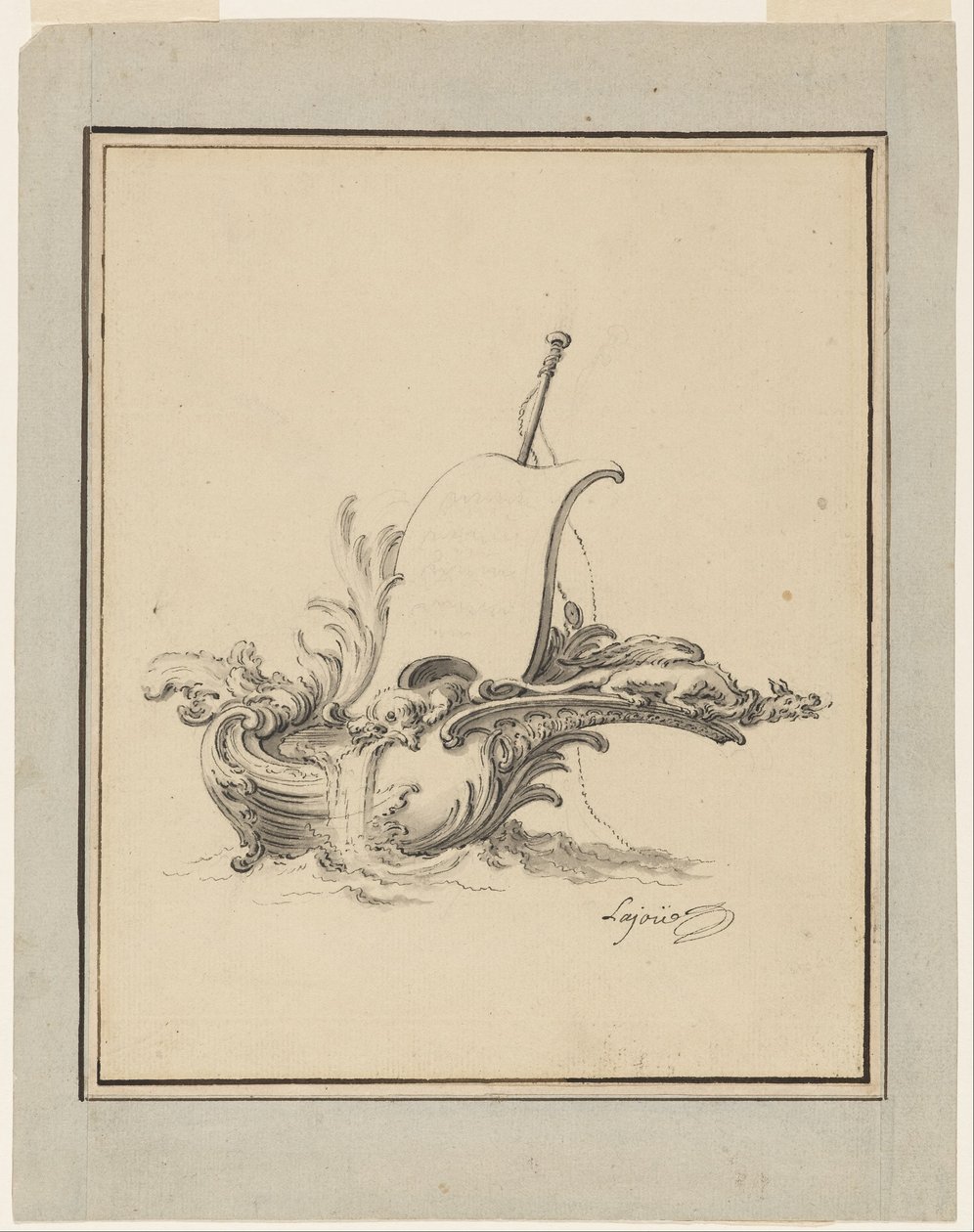 Diseño de un escudo en forma de barco con vela, para Recueil Nouveau de Differens Cartouches de Jacques de Lajoüe