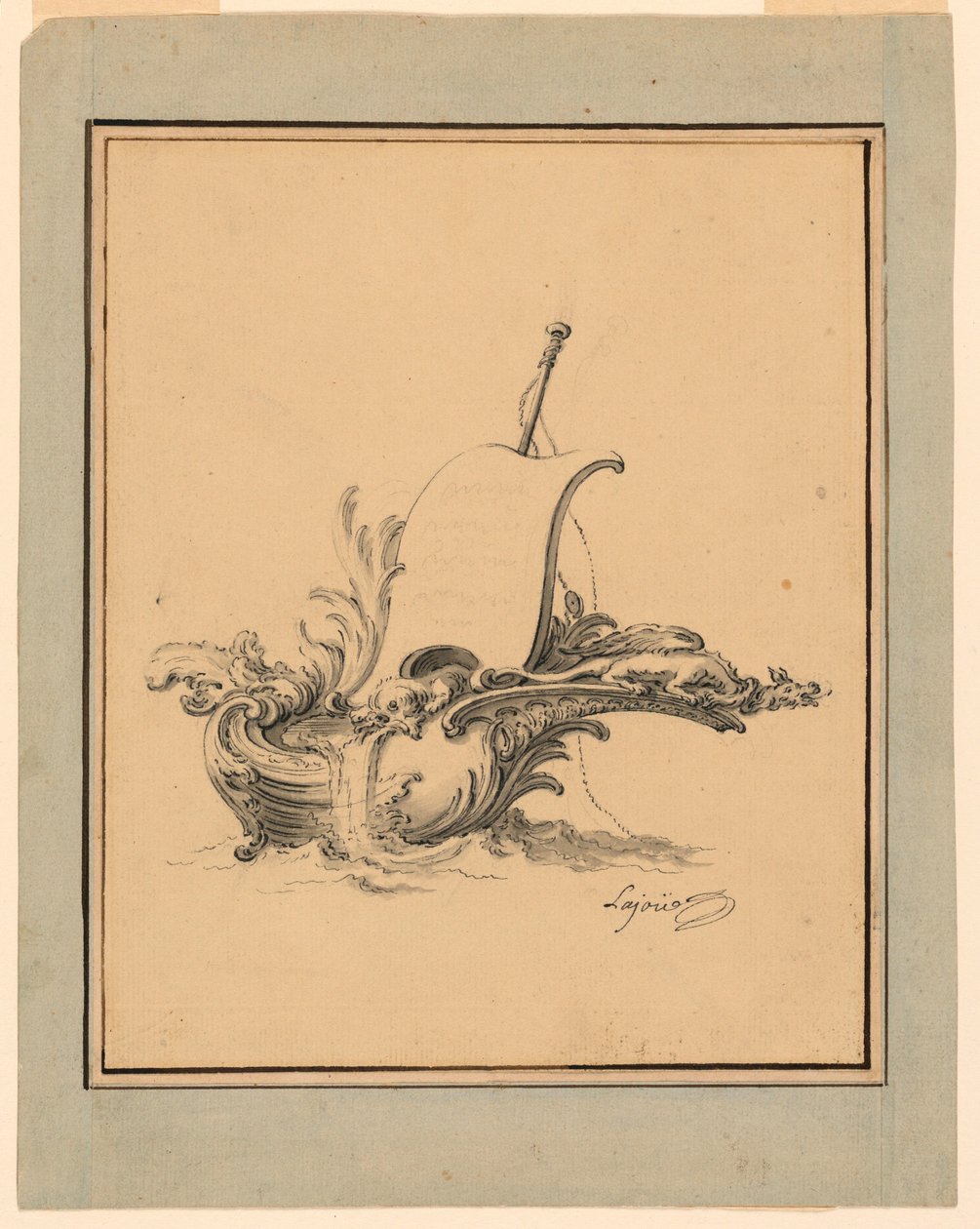Dibujo de un escudo en forma de barco con vela, para Recueil Nouveau de Differens Cartouches, 1734 de Jacques de Lajoüe