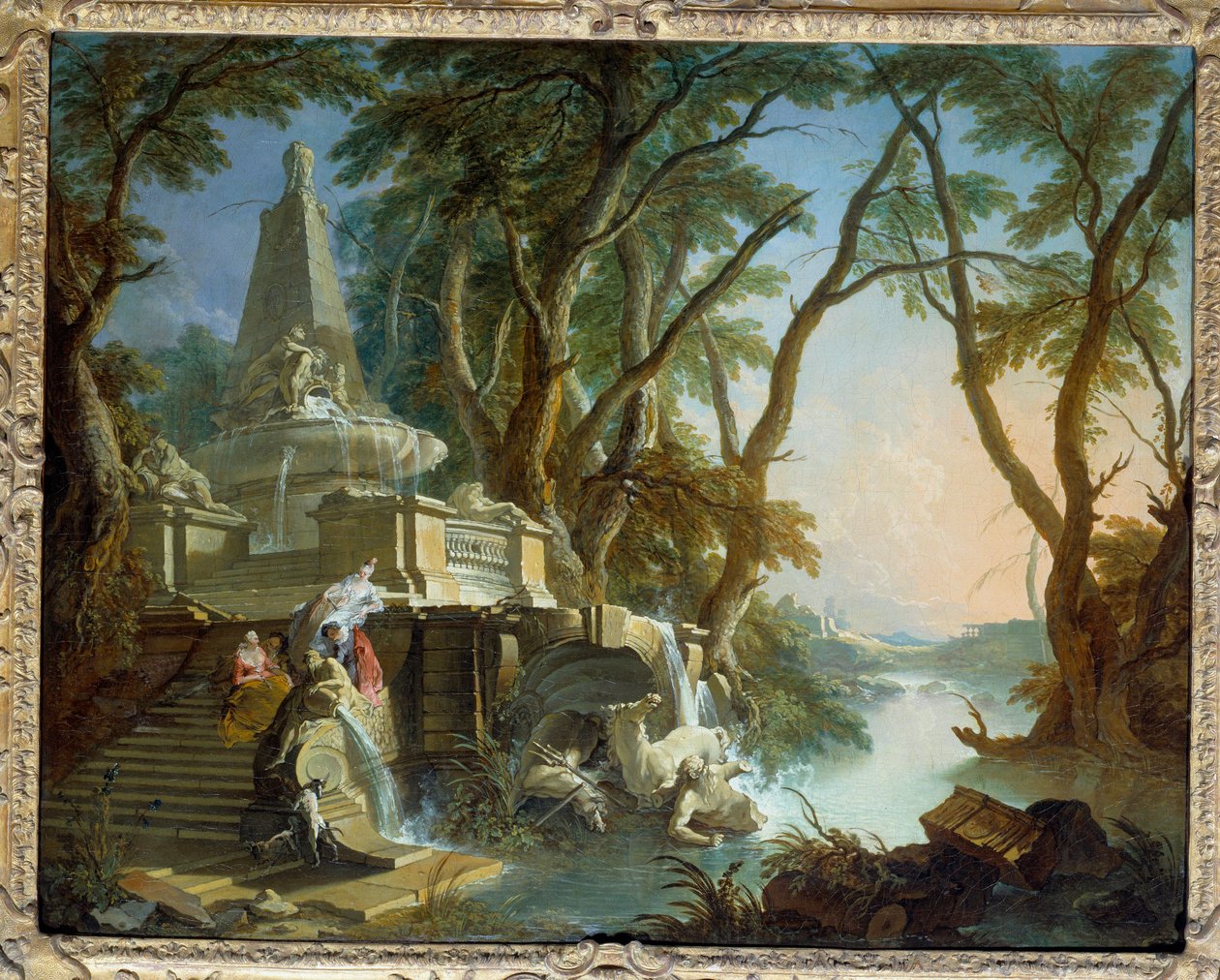 Paisaje compuesto o el río. Fuente piramidal con estatua de Neptuno rota. Pintura de Jacques de Lajoue (siglo XVIII) de Jacques de Lajoüe