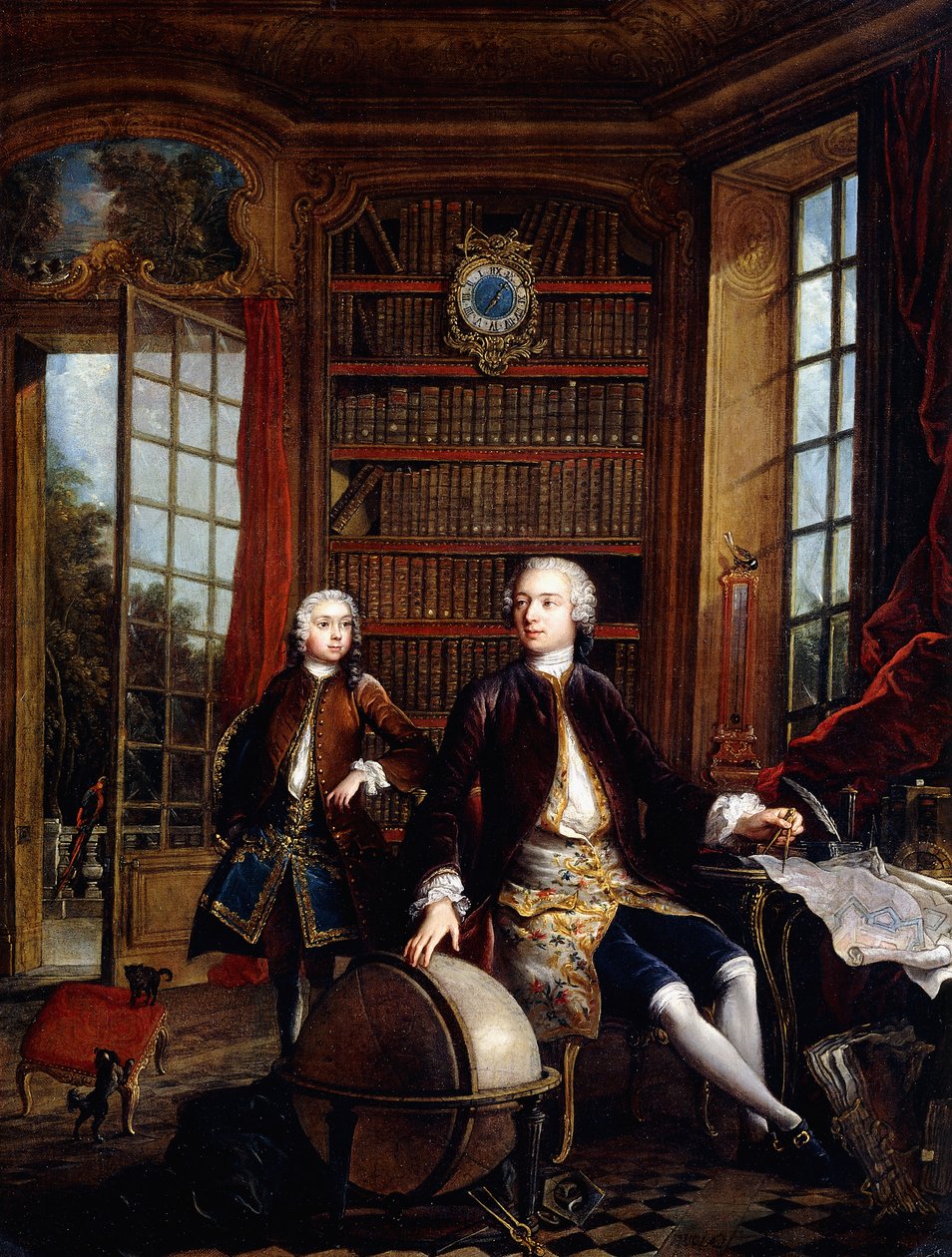 Retrato del hijo del artista con su maestro, dicho ser el artista Jean Baptiste de Courtonne el Joven, en una biblioteca de Jacques de Lajoüe