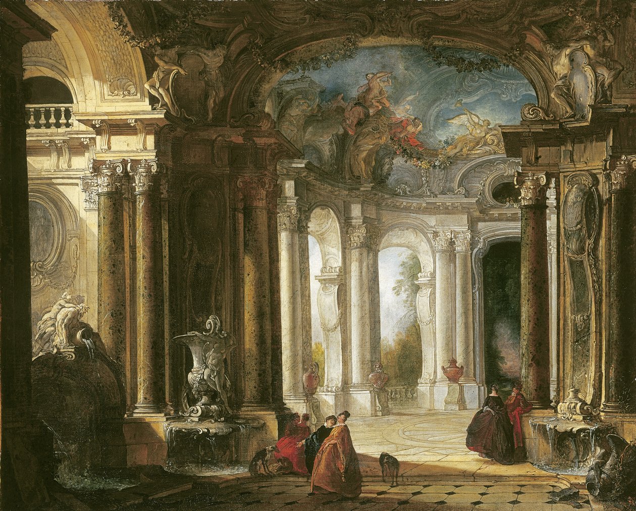 El interior de un palacio barroco con compañía elegante conversando junto a fuentes de Jacques de Lajoüe