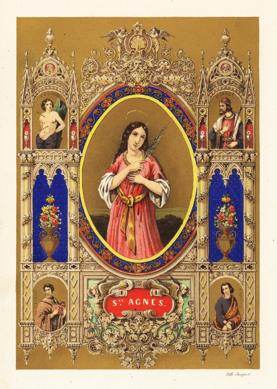 Retrato de Santa Inés de Roma, virgen mártir, con aureola y palma dentro de una orla decorativa de Jacquet Jacquet