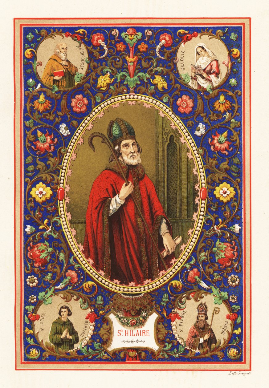 Retrato de San Hilario, obispo de Poitiers, con mitra y báculo, dentro de una orla decorativa de follaje de Jacquet Jacquet
