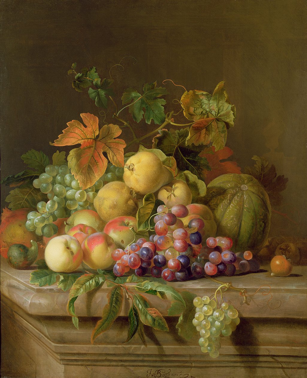 Naturaleza muerta de melones, uvas y duraznos en un borde de Jakob Bogdani or Bogdany