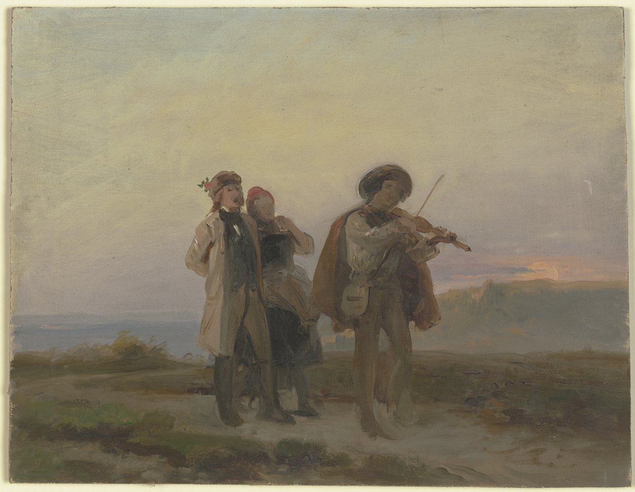 Paseo vespertino, un violinista y una pareja de labradores en los campos de Jakob Becker