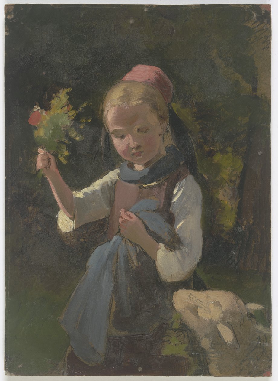 Campesina con ramo de flores, una oveja por la derecha de Jakob Becker
