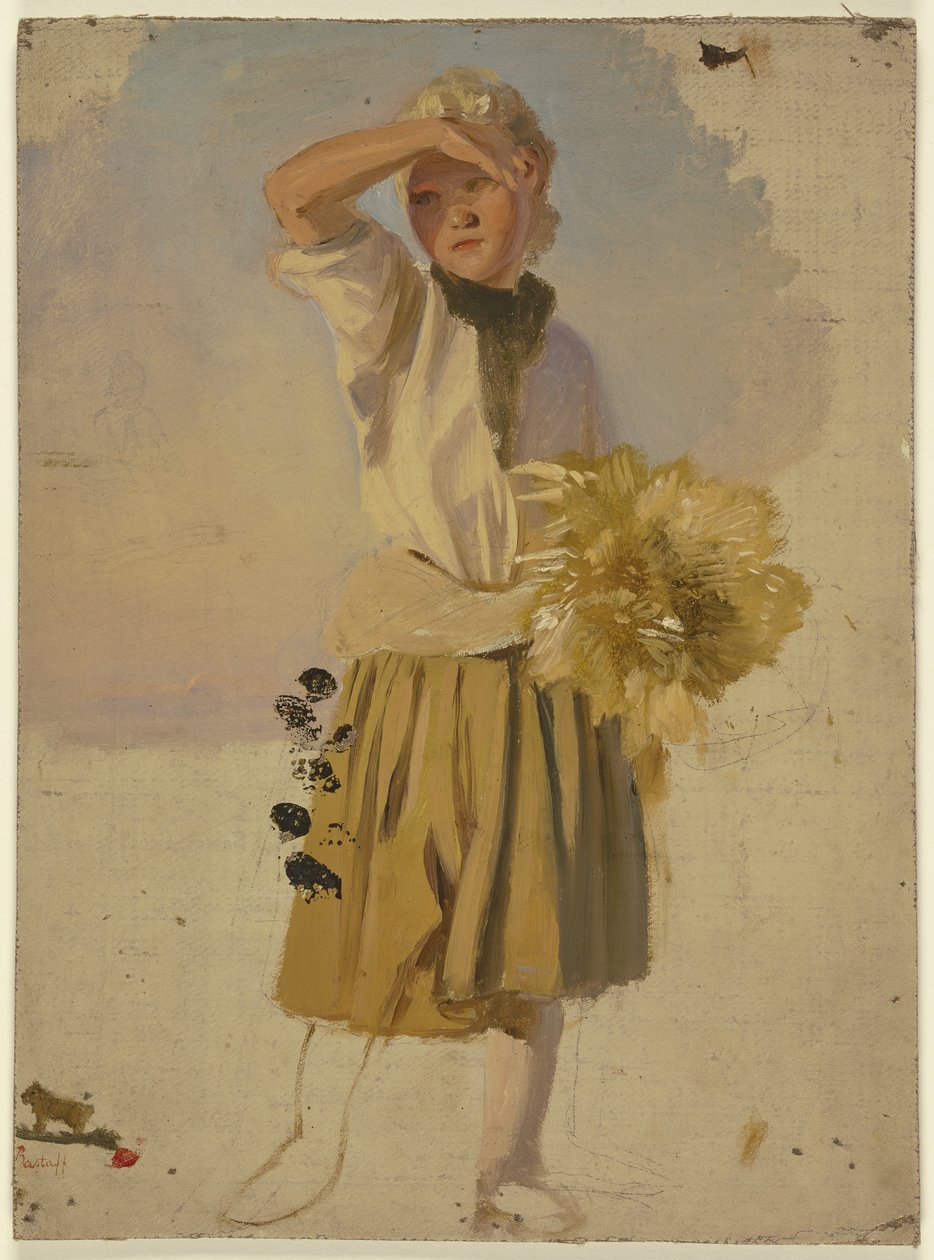 Chica del campo con una gavilla, protegiéndose los ojos del sol de Jakob Becker